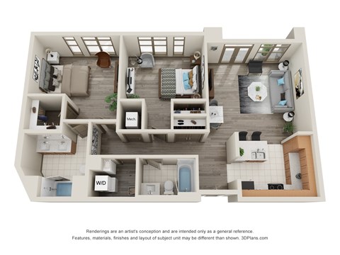 Floor plan for 2 beds, 2 baths, 1256 sqft